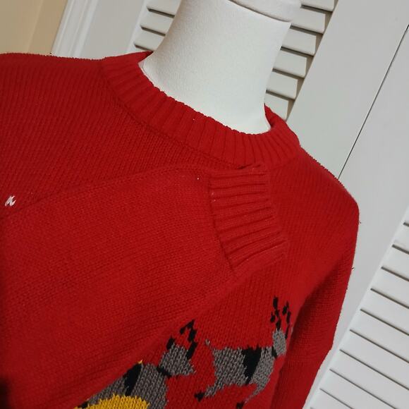 VTG AVON Fashions Women's Med Santa w/Sleigh Sweater Red/Black Ribbed Crew Neck - Picture 5 of 14